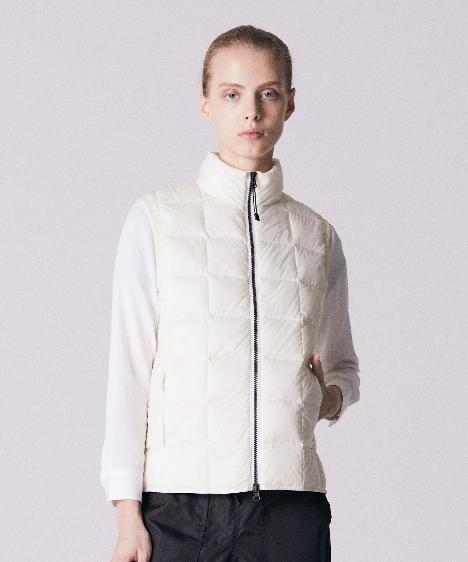 Basic High Neck W-Zip Inner Down Vest in Off White - Image 3